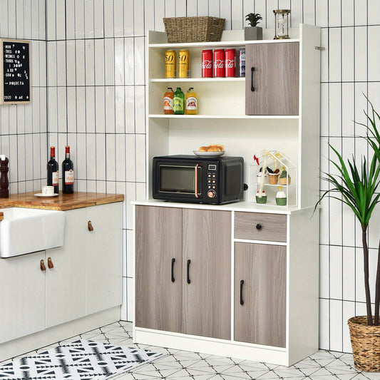 Four-Door Kitchen Buffet Storage Cabinet with Hutch, Freestanding Kitchen Pantry with Drawer, Large Open Space, Adjustable Shelves, Kitchen Pantry Cabinet, Pantry Cabinet for Kitchen, Kitchen Sideboard Cabinet, Pantry Cupboar