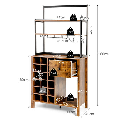 Vrijstaand Keukenmeubel – Opbergkast – Wijnrek – Etagère – Servieskast – Met Glazenhouder – Compact 74x40x160 cm – Stevig Meubelplaat Met Metalen Poot