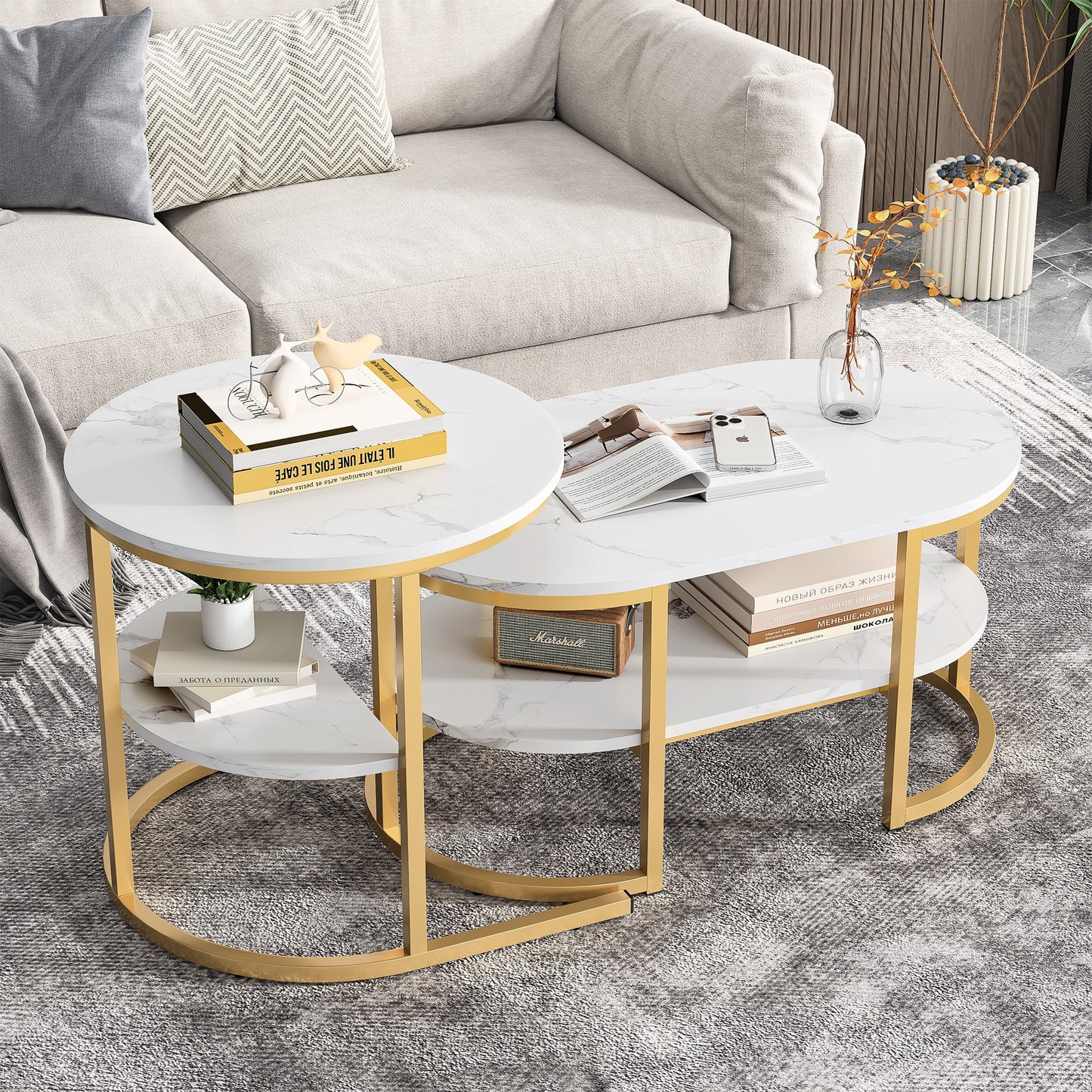 Salontafel – Bijzettafel – Woonkamertafel – Koffietafel – Tafel – 2-in-1 Set – Gouden Metalen Frame – Kunstmarmeren Blad