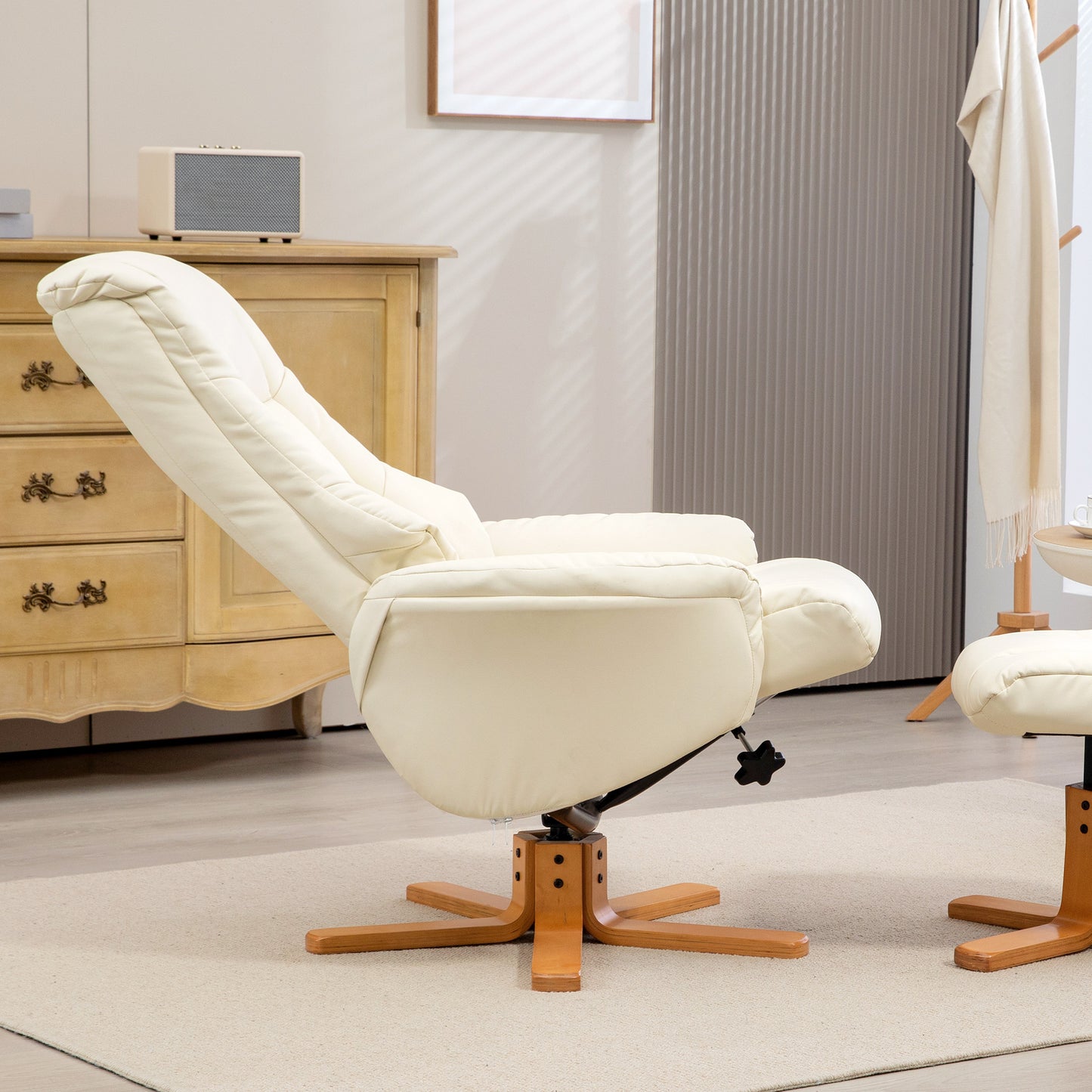 Relaxfauteuil – Relaxstoel – Stoel Met Voetenbank – Loungefauteuil – Fauteuil Crèmewit – Verstelbare Rugleuning – Kunstleer, Draagkracht 150 kg
