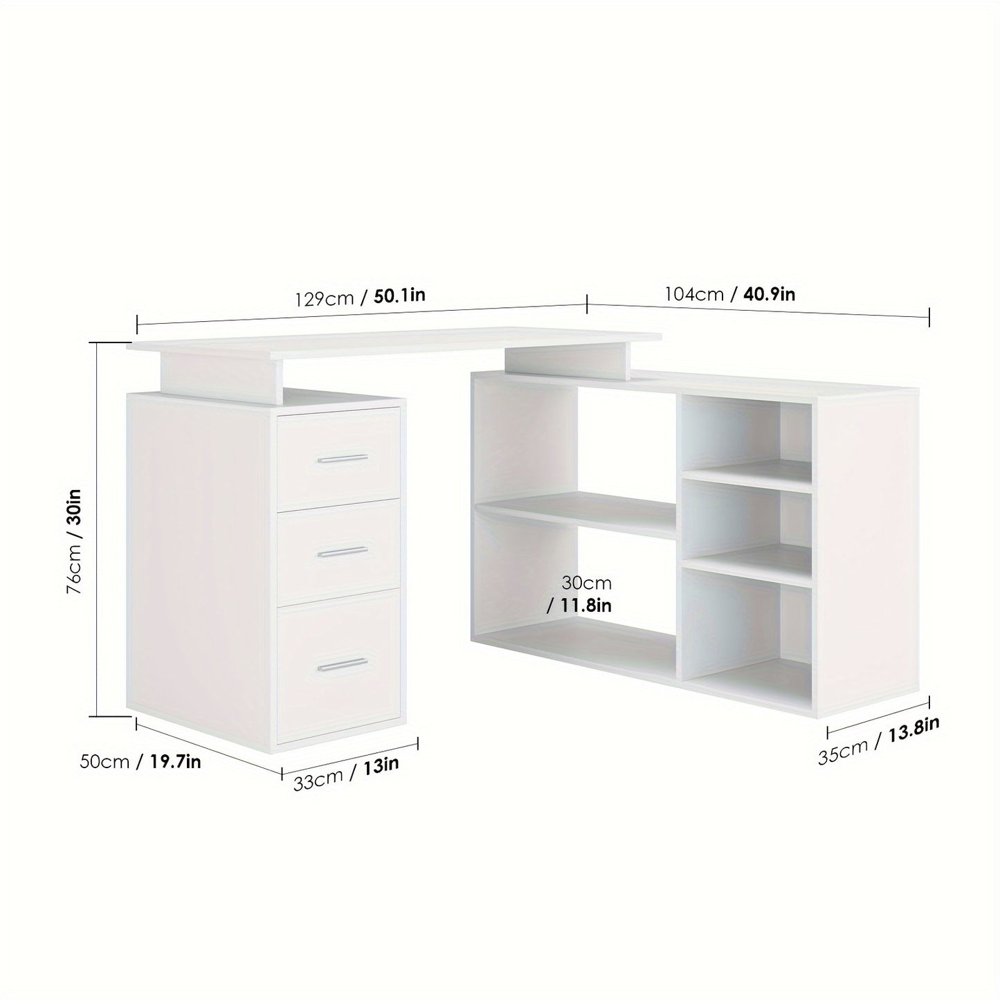 Hoekbureau – Bureau – Computertafel – L-Vormig Bureau – Schrijftafel – Wit Gelakt Hout – 3 Laden Opbergruimte – Compact Ruimtebesparend Design