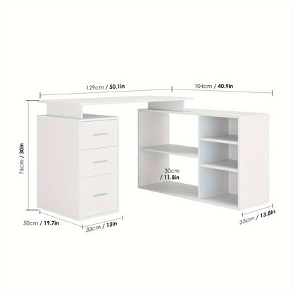 Hoekbureau – Bureau – Computertafel – L-Vormig Bureau – Schrijftafel – Wit Gelakt Hout – 3 Laden Opbergruimte – Compact Ruimtebesparend Design