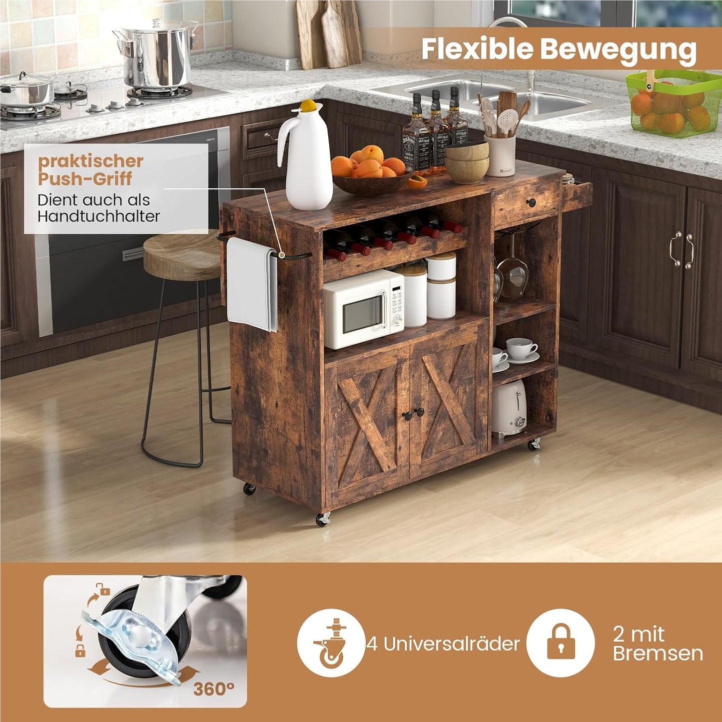Keukentrolley – Serveerwagen – Keukenwagen – Werktafel – Dessertewagen – Uitklapbaar Werkblad – Wijnrek Voor 7 Flessen – Houten Keukenwagen Bruin