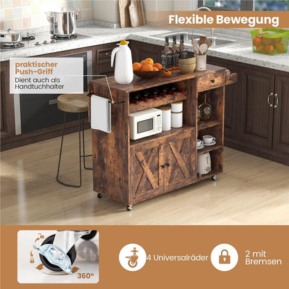 Keukentrolley – Serveerwagen – Keukenwagen – Werktafel – Dessertewagen – Uitklapbaar Werkblad – Wijnrek Voor 7 Flessen – Houten Keukenwagen Bruin