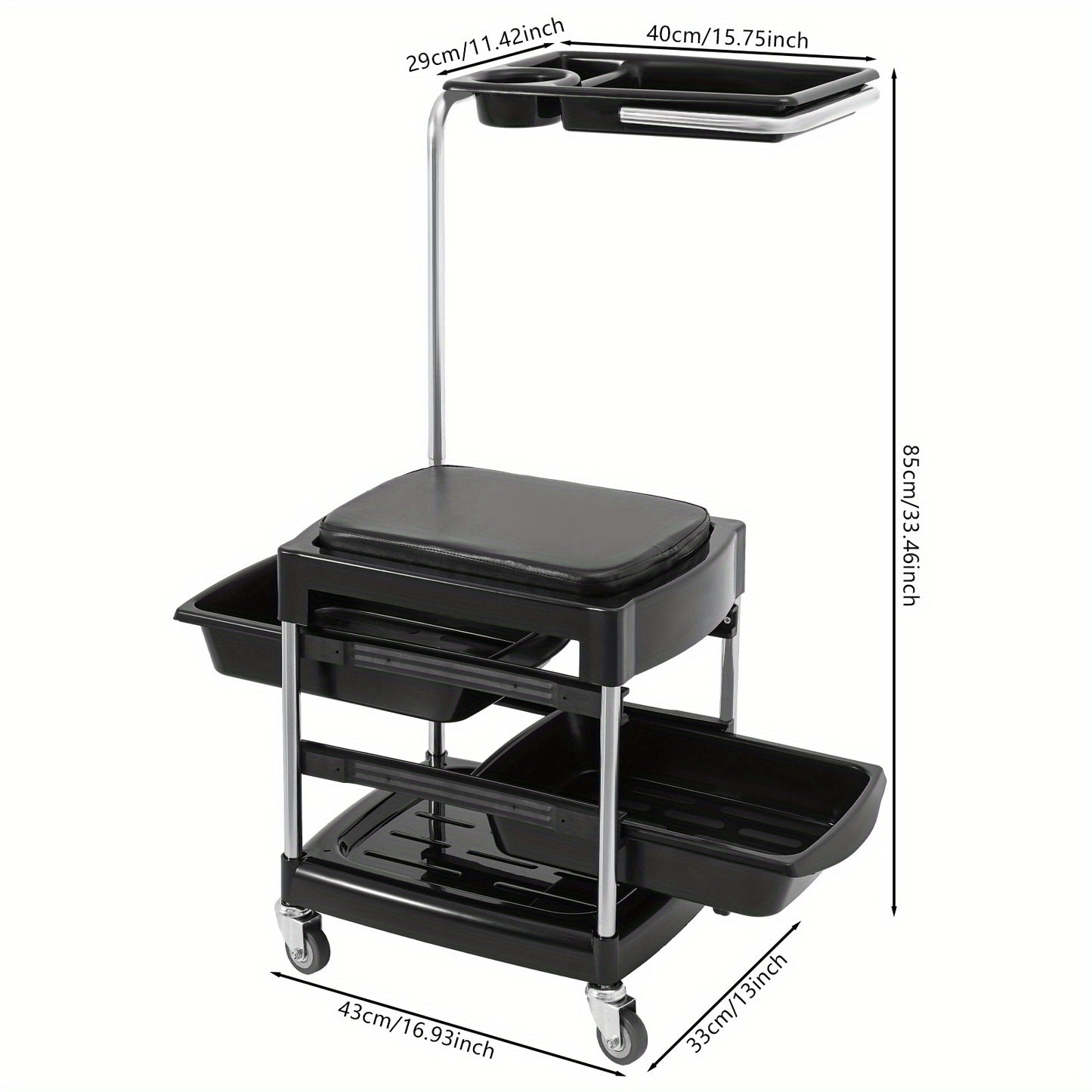 Opbergtrolley – Opbergwagen – Trolley – Beautywagen – Salonwagen – Mobiel Met 3 Uitklapbare Trays – Zwart ABS Met PU Bekleding – 150 Kg Draagkracht – Vergrendelbare Zwenkwielen