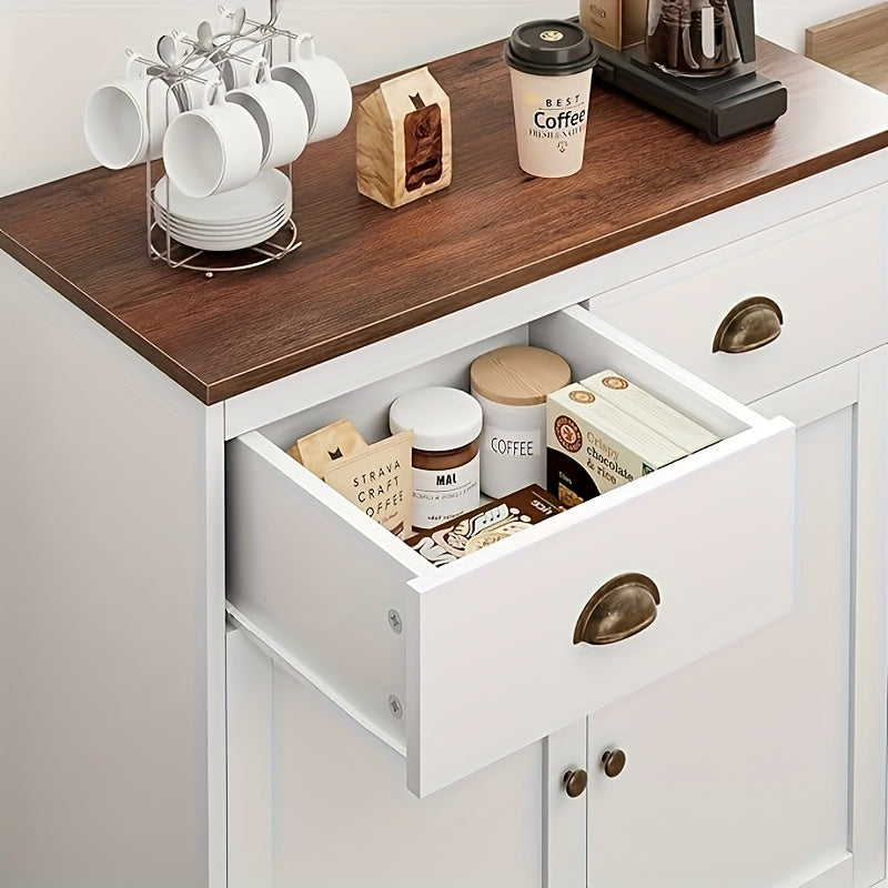 Farmhouse White Buffet Cabinet with Storage, Kitchen Sideboard with 2 Doors and 2 Drawers, Wooden Coffee Bar Cabinet with Shelves for Dining Room, Living Room, Storage Drawer Units