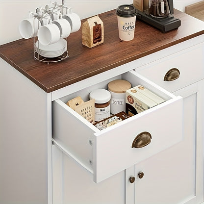 Farmhouse White Buffet Cabinet with Storage, Kitchen Sideboard with 2 Doors and 2 Drawers, Wooden Coffee Bar Cabinet with Shelves for Dining Room, Living Room, Storage Drawer Units