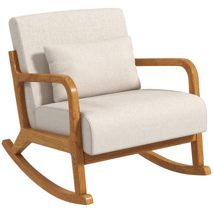 Schommelstoel – Schommelstoel Retro – Relaxstoel – Wiegestoel – Lounge Stoel – Beige Design – Rubberhout Frame – Dikke Kussens