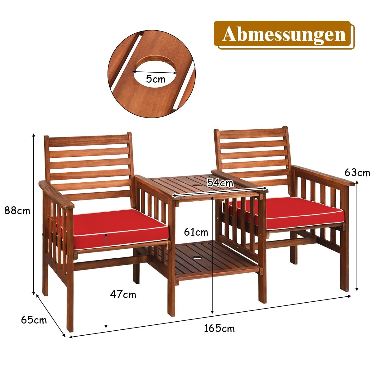 Tuinbank – Buitenbank – Houten Bank – Zitbank – Balkonbank – Acaciahouten Tuinbank Met Tafel – Kussen Inclusief – Parasolgat – 165x65x88 cm – Draagvermogen 350 kg