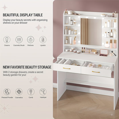 Dressing Table With Mirror, Dressing Table With Shelves And 2 Drawers, For Bedroom, Living Room, 40 X 100 X 149 Cm, White