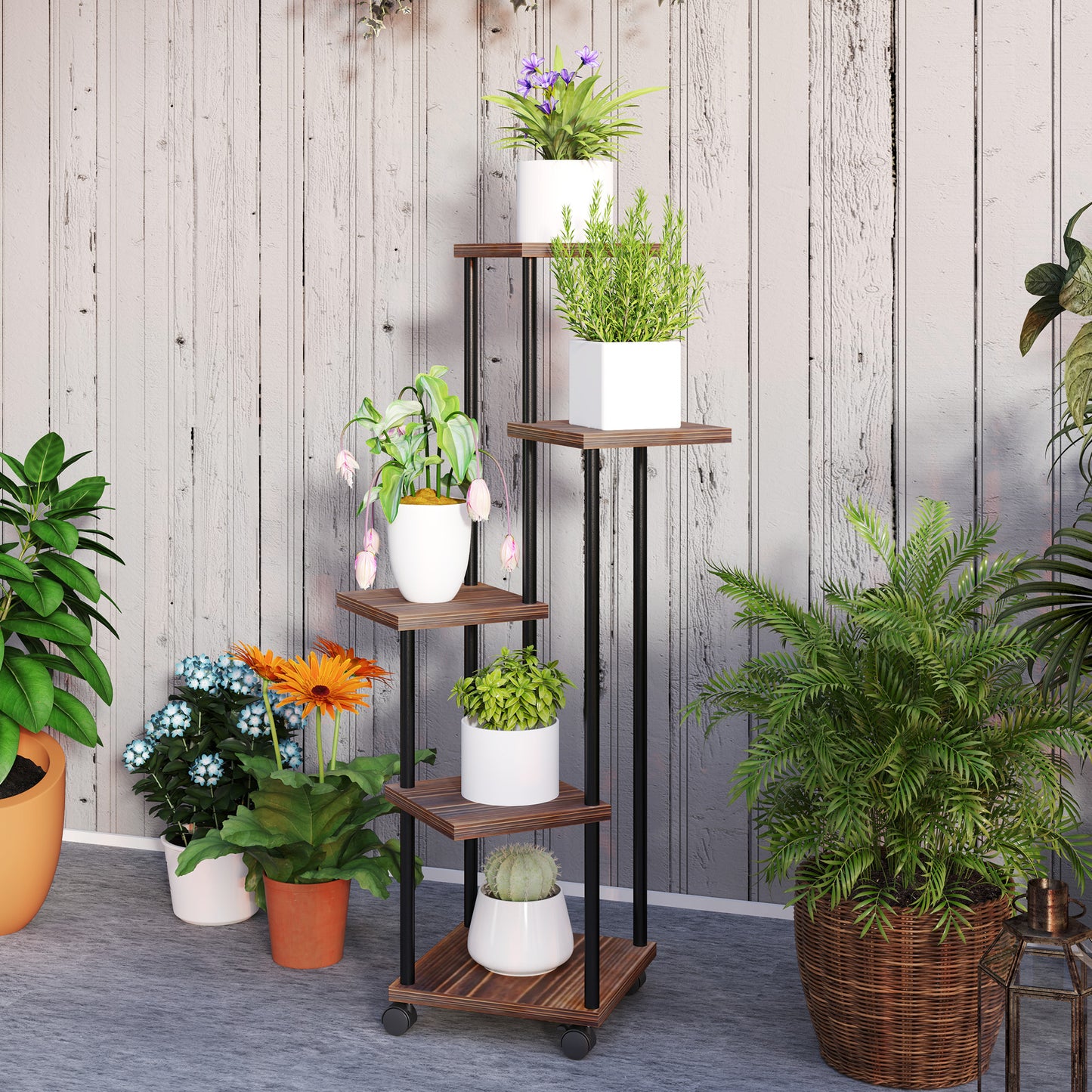 Plantenrek – Plantenstandaard – Plantentafel – Plantentrap – Bloemenrek – 5 Laags – Hout en Staal – Gestaggerd Ontwerp – Voor Binnen & Buiten