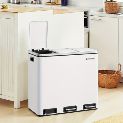 Kitchen Bin, 3 X 18L Recycling Bin, 3 Compartment Rubbish Bin for Recycling And Waste, 15 Liners Included, Soft-Close Lids, Pedals, Inner Buckets, Steel,