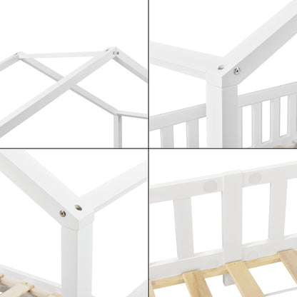 Kinderbed – Kinderbedden – Eenpersoonsbed – Hoogslaper – Stapelbed – Huisvormig Design – Valbeveiliging – Grenenhout – 140x200 cm