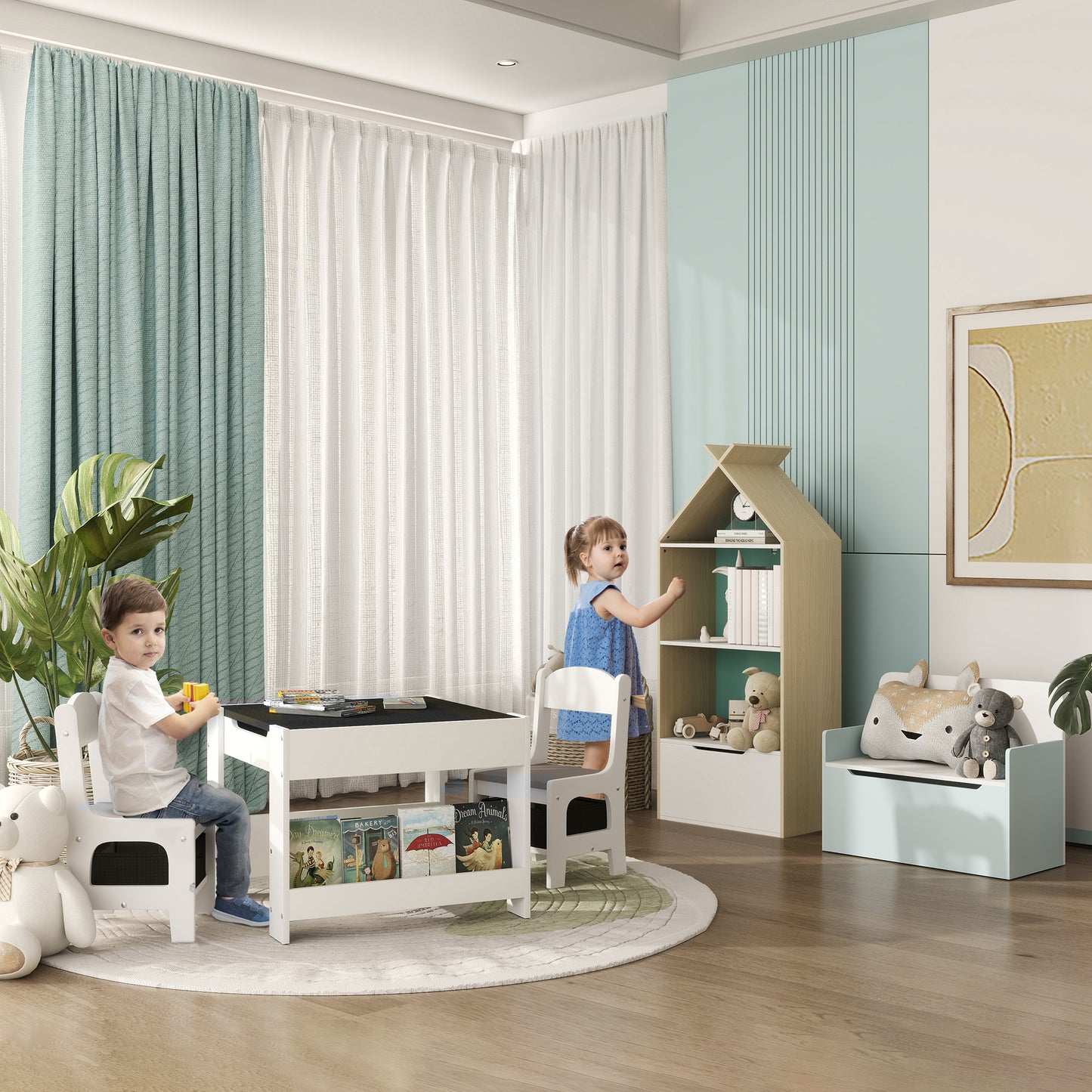 Kinderbureau Set – Kindertafel – Kindertafel Met Stoelen – Speeltafel – Tafel Met Opbergruimte – Omkeerbaar Tafelblad – Eenvoudig Schoon Te Maken – Grijs