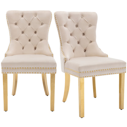 Eetkamerstoelen – Stoelen – Kuipstoelen – Keukenstoelen – Dining Chairs – Set van 2 – Beige Velvet Bekleding – Gouden Metalen Poten met Nagelrand