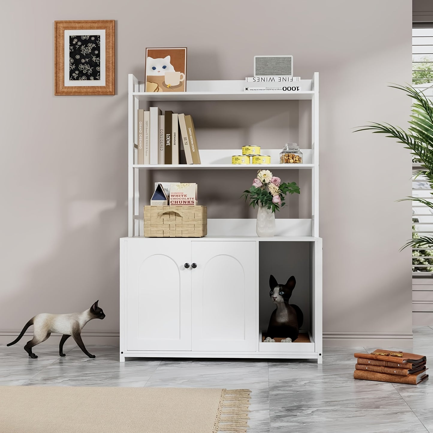Kattenbakverstopper – Kattenbakmeubel – Kattenhuis – Kattenkast – Kattenberging – Dubbele Deur Toegang – Ingebouwde Krabpaal – Compact 90x45 cm – Stevige Witte Constructie