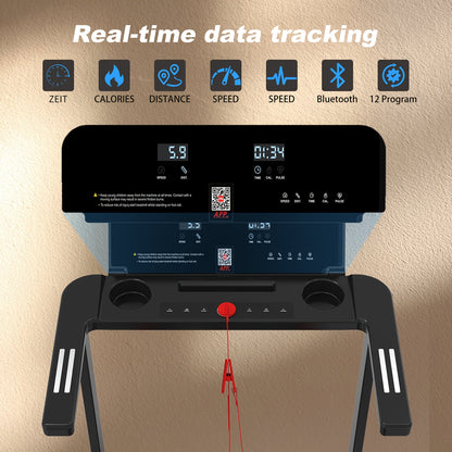 Treadmill | 1-12 Km/h Speed, 12 Training Modes, App Connectivity, LED Display With Remote, 100kg Capacity, Quiet & Foldable Design | Black Rubber, Kehot Brand, Wireless Wireless Music & App, Without Battery