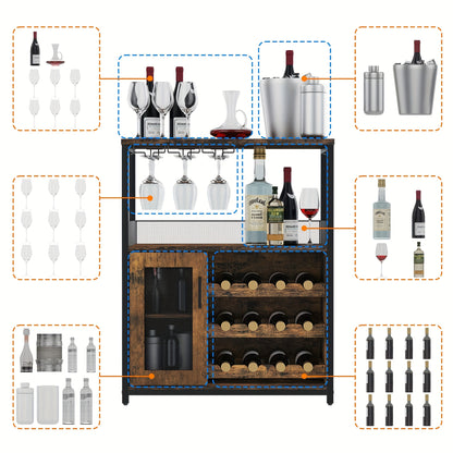 Wijnkast – Wijnrek – Wijnbar – Buffetkast – Dressoir – 3-Lagen Metalen Kast – Afneembaar Wijnrek – Vloerstaand Met Glazenhouder – Rustiek Bruin Met Gaasdeur – Makkelijk Te Monteren – Ruimtebesparend