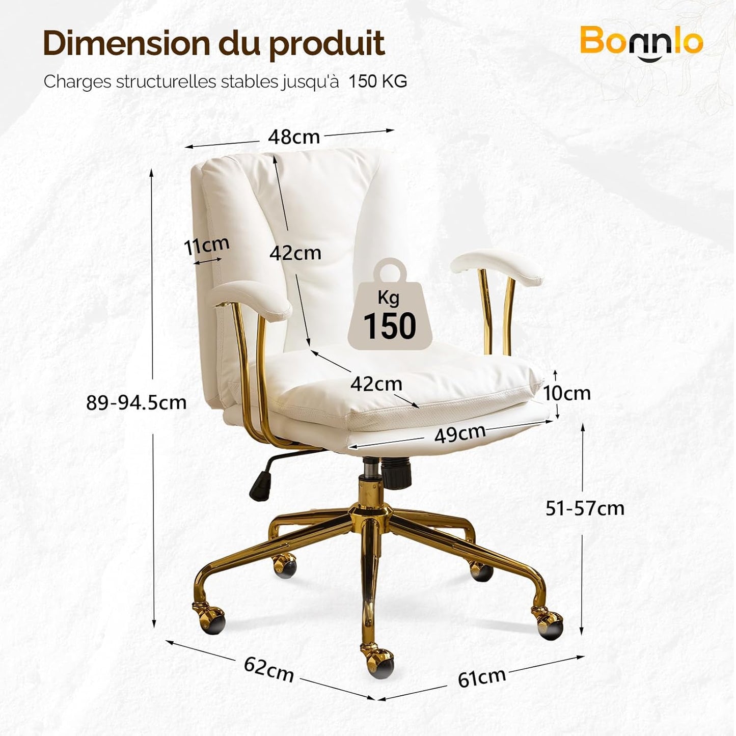 Bonnlo Ergonomic Office Chair with Adjustable Height - Heavy-Duty Leather-like Swivel Desk Chair, Golden Metal Base & Padded Backrest, White/Black Armrests, Manual Recline - Heavy-Duty Metal Frame for Home & Corporate Workspa