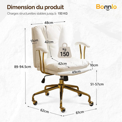 Bonnlo Ergonomic Office Chair with Adjustable Height - Heavy-Duty Leather-like Swivel Desk Chair, Golden Metal Base & Padded Backrest, White/Black Armrests, Manual Recline - Heavy-Duty Metal Frame for Home & Corporate Workspa