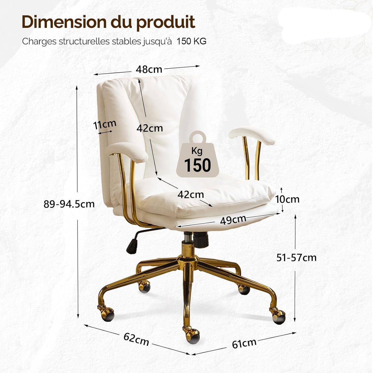 Ergonomische Bureaustoel – Bureaustoel – Werkstoel – Office Chair – Drestoel – Verstelbare Zithoogte – Metalen Gouden Onderstel – Kunstleer Bekleding – Handmatige Kantelfunctie – Comfortabele Gevoerde Rugleuning – Frisse Groene Kleur