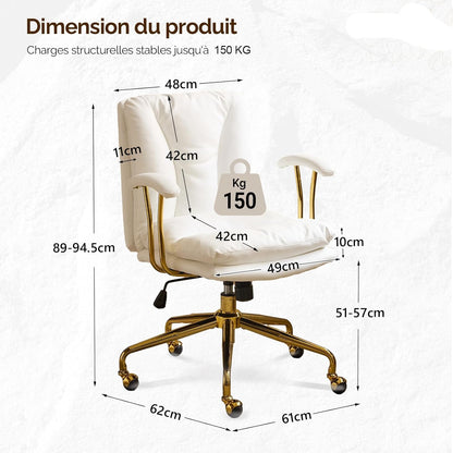 Ergonomische Bureaustoel – Bureaustoel – Werkstoel – Draaistoel – Comfortabele Stoel – Verstelbare Zithoogte – Robuust Metalen Frame Goud