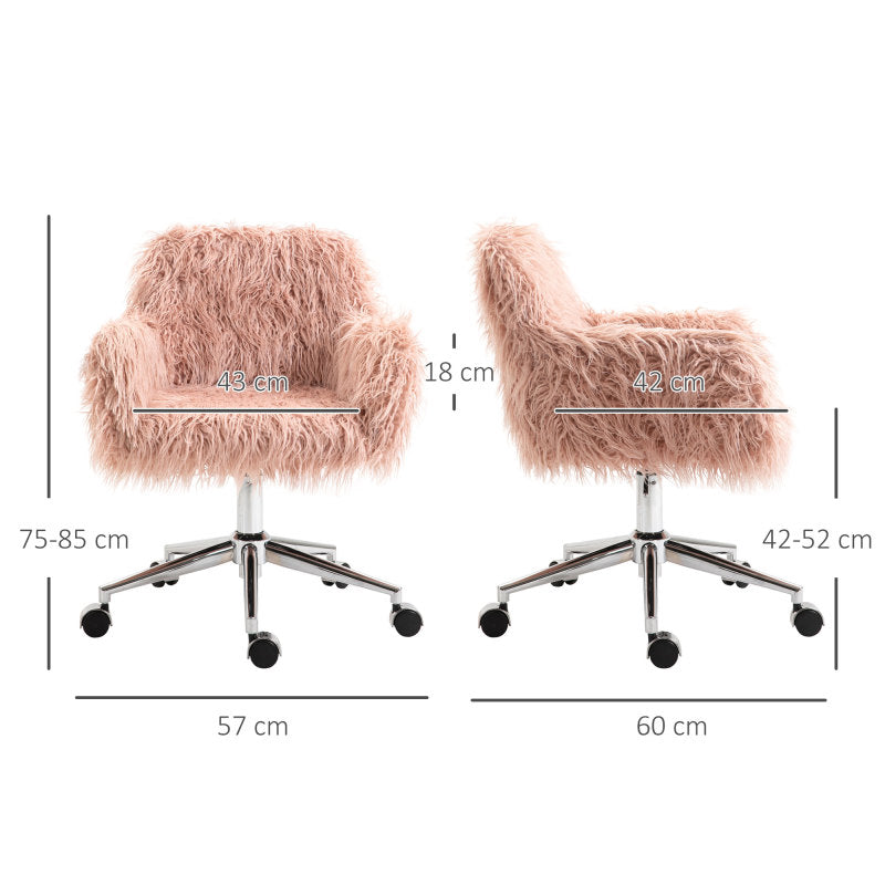 Bureaustoel – Bureaustoel met Armleuningen – Werkstoel – Kantoormeubilair – Roze Kunstvacht – Verstelbare Hoogte – Roestvrijstalen Frame – Zachte Pluche Bekleding