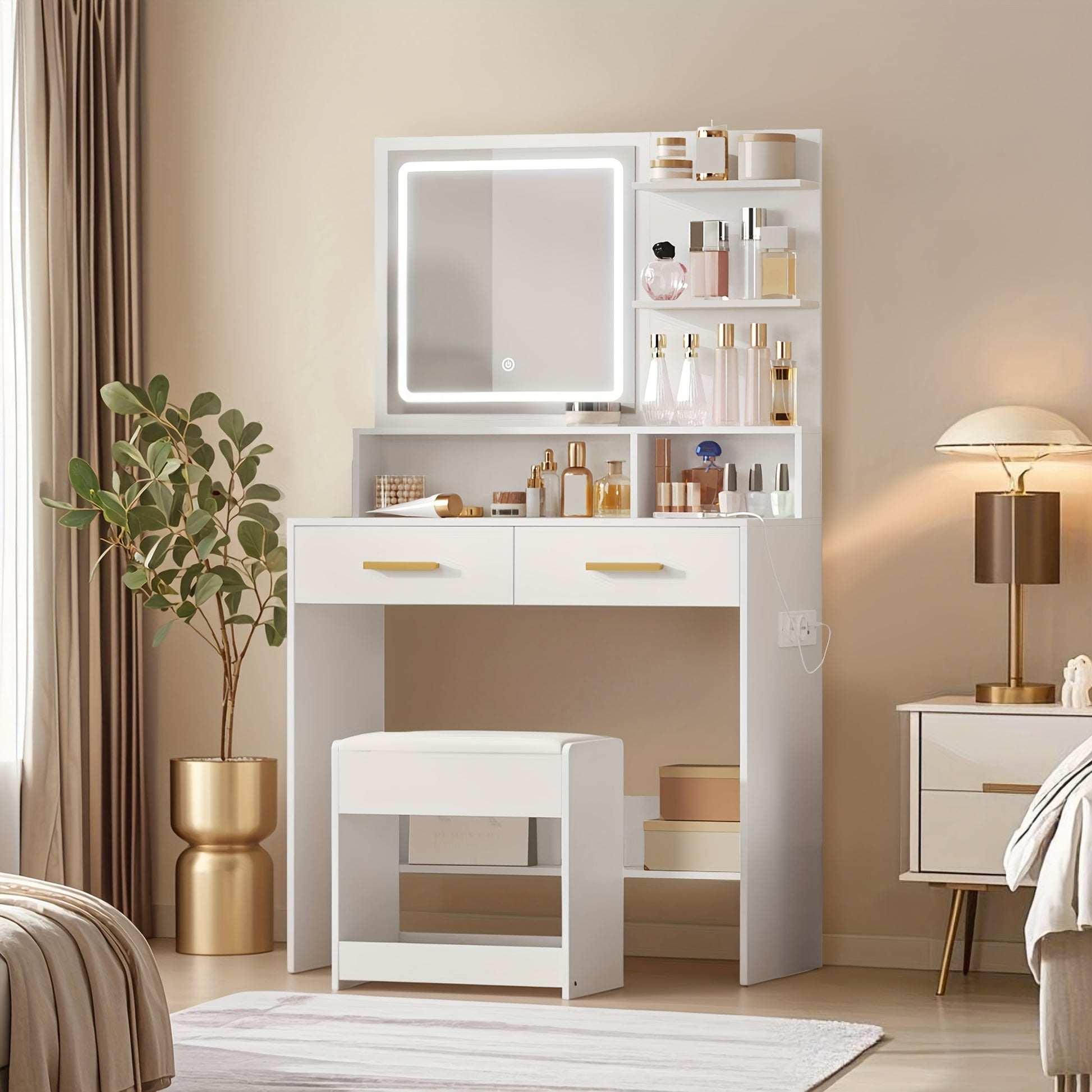 Jewelry Cabinet, Dressing Table With Adjustable LED Lights, Accessory Storage, Rechargeable AC Socket And USB Port, Vanity Makeup With Soft Dressing Stool, 2 Drawers, Open Organisers, For Bedroom, Cloakroom, White, Jewelry Bo - QUORE