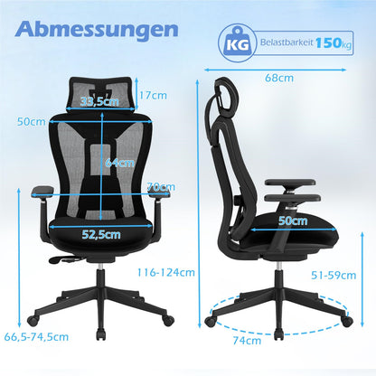 Ergonomische Bureaustoel – Bureaustoel – Office Chair – Werkstoel – Computestoel – Verstelbare Lendensteun – Verstelbare Hoofdsteun en 3D Armleuningen