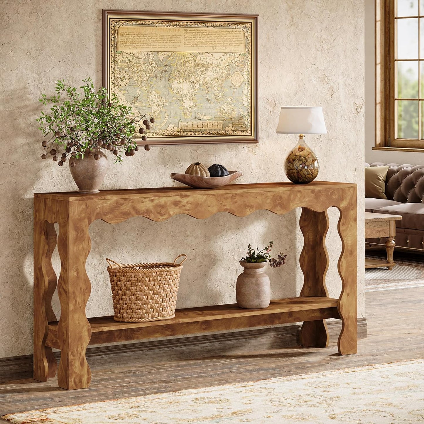 Console Tafel – Sidetable – Haltafel – Opbergmeubel – Banktafel – Lichtbruin – Smal en Lang – 2-laags Opbergruimte