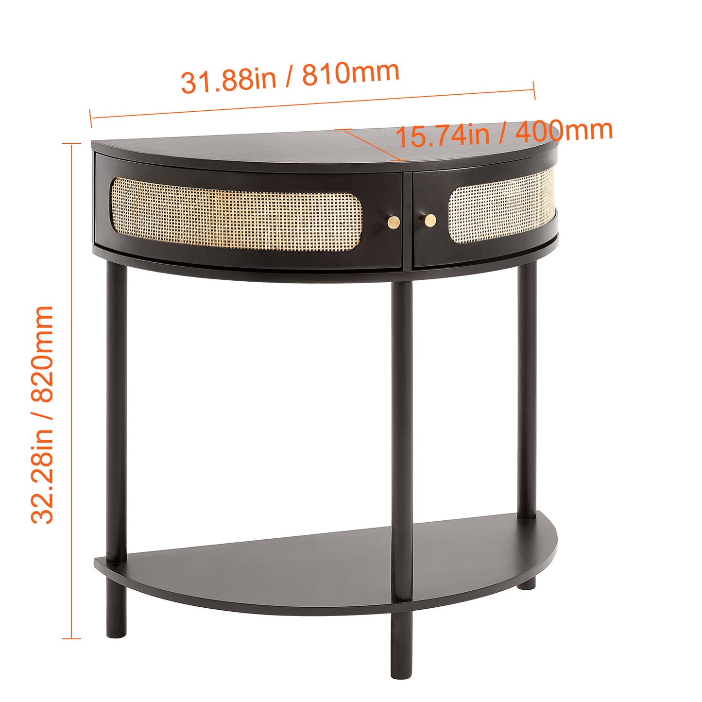 Sidetable – Wandtafel – Haltafel – Consoletafel – Bijzettafel – Zwart Rattan – Halve Maan Vorm – 2 Laden & Open Plank – Duurzaam MDF Onderstel