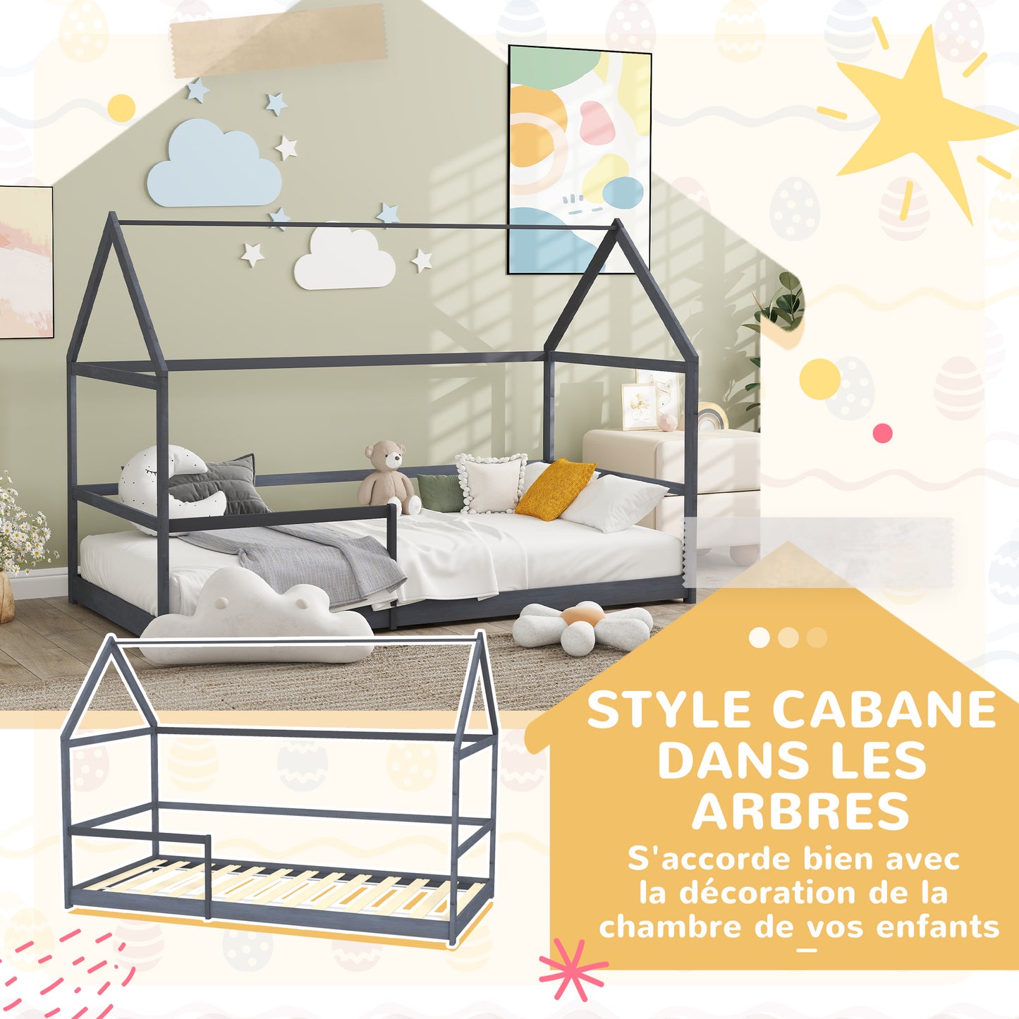 AIYAPLAY Children'S Cabin Bed 90X190 Cm Children'S Bed Children'S House in Wood with Anti-Fall Protection, Slatted Base And Roof Included, Dim. 196L X 97.5L X 135H Cm Grey