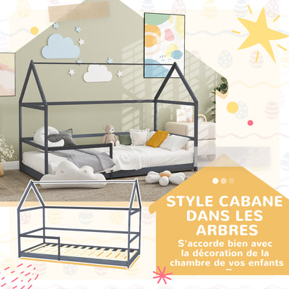 AIYAPLAY Children'S Cabin Bed 90X190 Cm Children'S Bed Children'S House in Wood with Anti-Fall Protection, Slatted Base And Roof Included, Dim. 196L X 97.5L X 135H Cm Grey