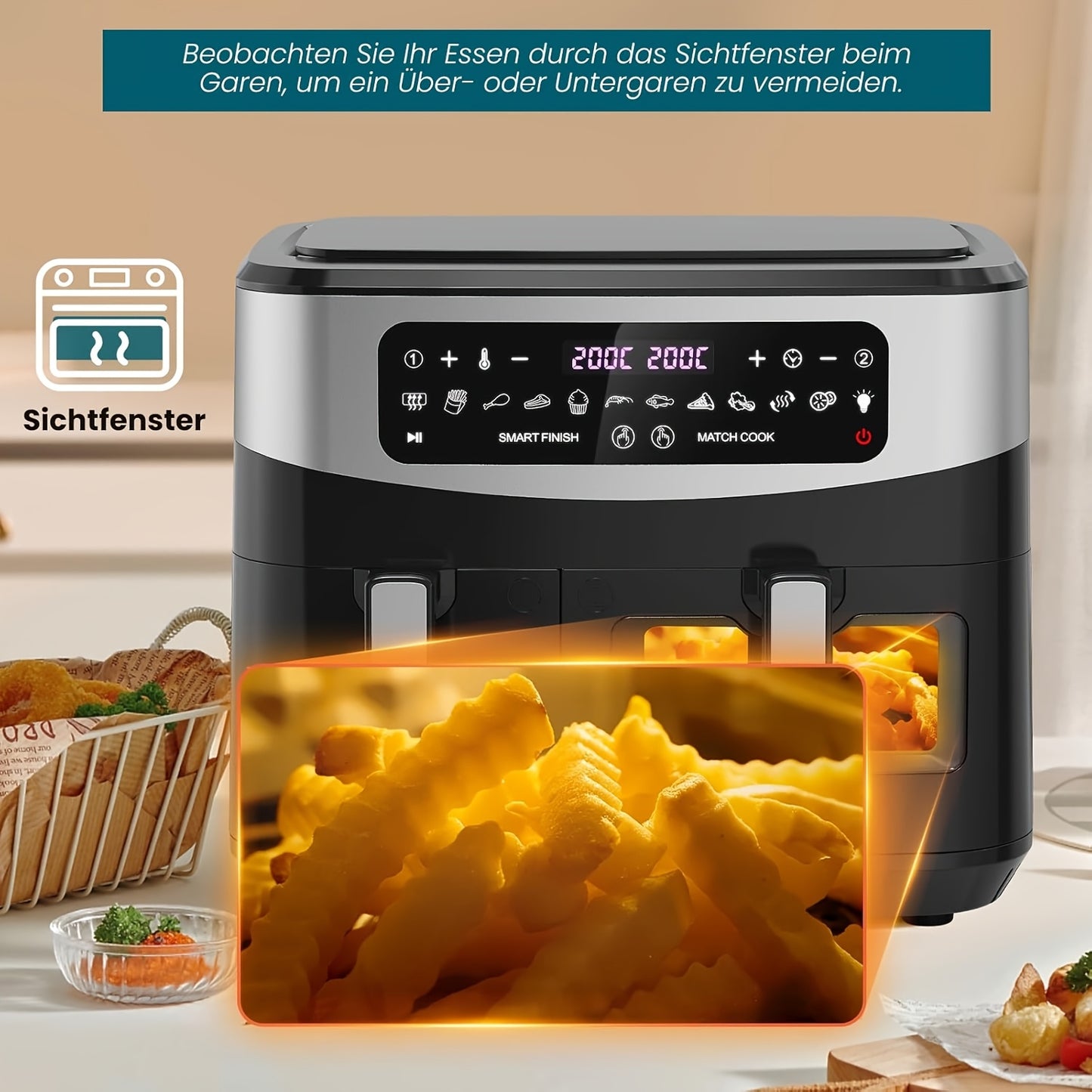 Airfryer – Heteluchtfriteuse – Friteuse – Air fryer – Digitale Friteuse – 10 Liter Dual Zone – 2600W Met Touchscreen & Kijkvenster