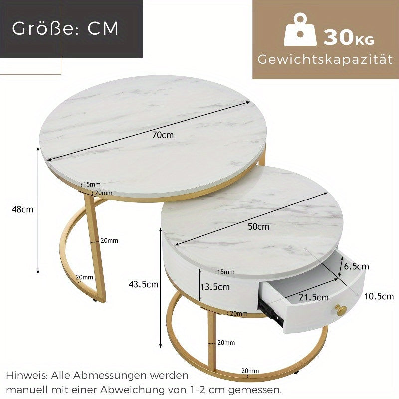 Salontafel – Bijzettafel – Koffietafel – Nestingtafel – Uittrekbare Tafel – Modern Design – Hoogglans Marmerlook – Verstelbare Hoogte – Zwart Metaal – Gouden Accenten