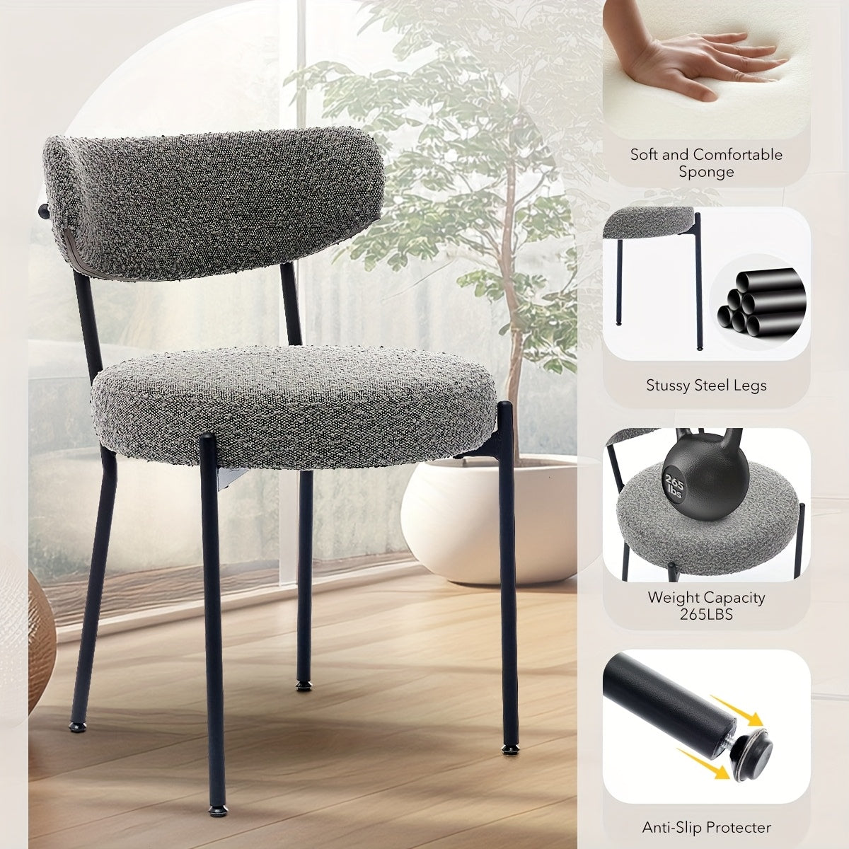 Eetkamerstoel – Keukenstoel – Stoel – Kuipstoel – Zonder Armleuning – Gestoffeerde Zitting – Metaal Onderstel – Comfortabele Rugleuning - Set van 2 - Grijs