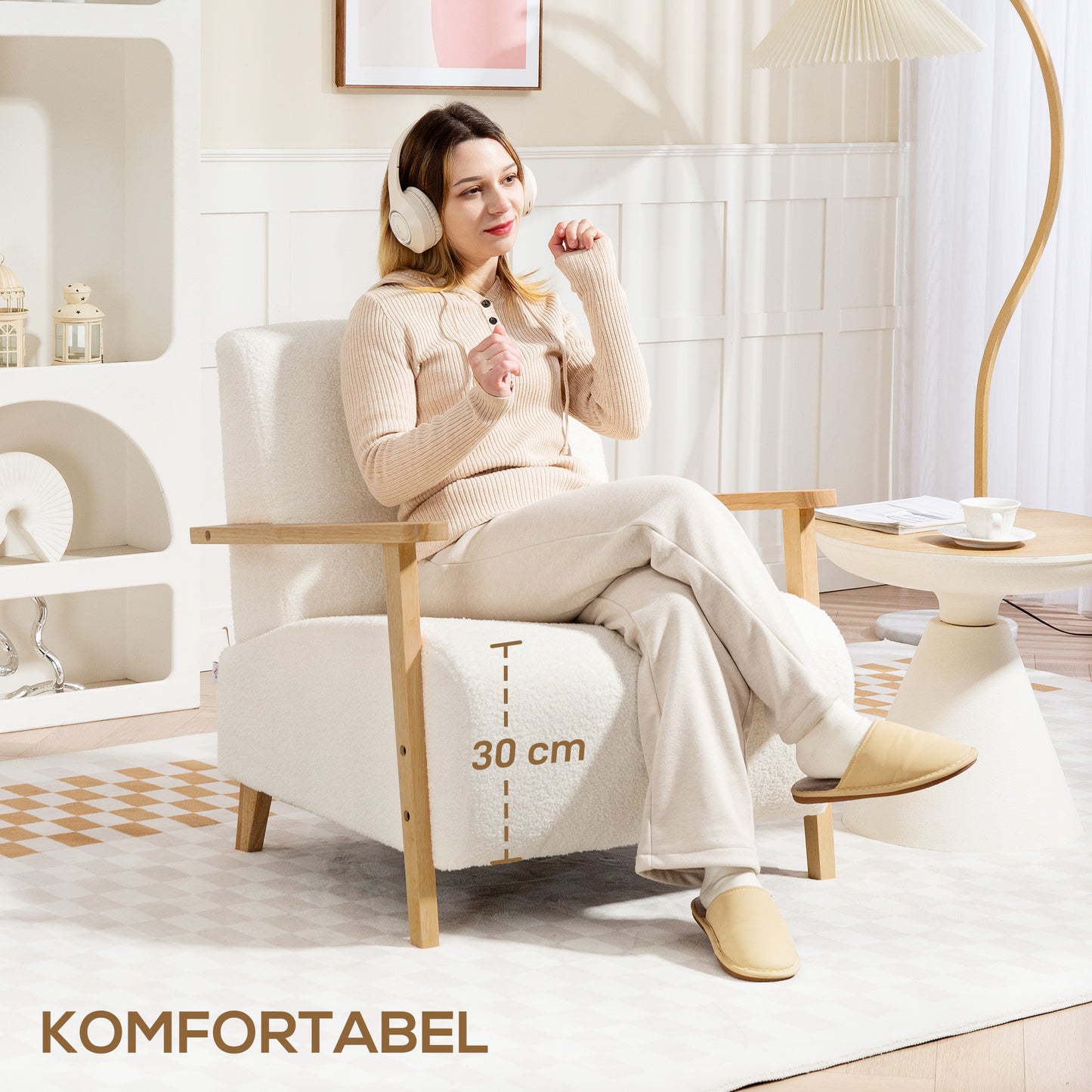 Fauteuil – Armstoel – Loungestoel – Zetel – Relaxstoel – Crème Wit – Sherpa Bekleding – Massief Houten Poten – Max 120 Kg