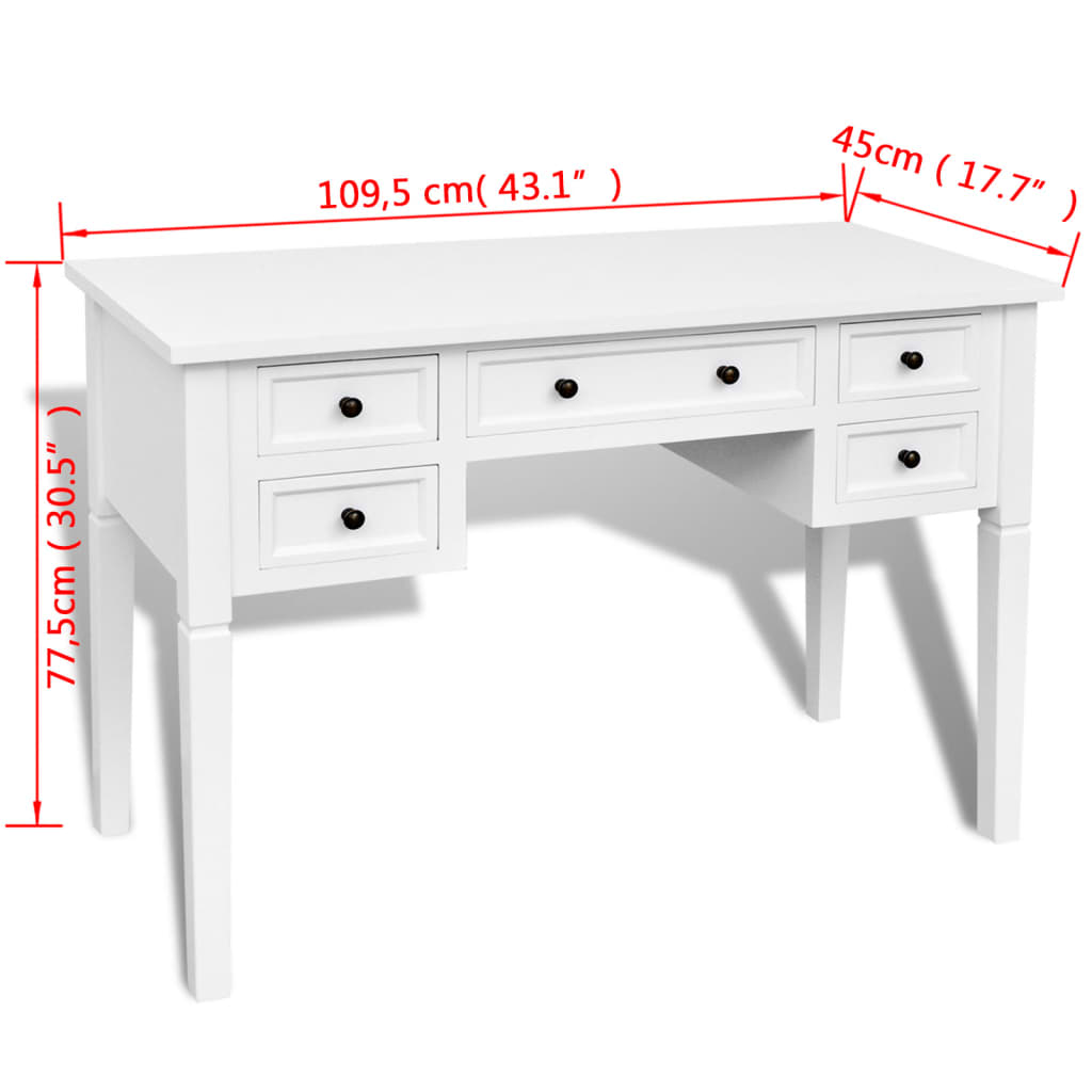 Bureau – Bureautafel – Computertafel – Werktafel – Schrijftafel – Wit – 5 Grote Lades – MDF en Grenenhout