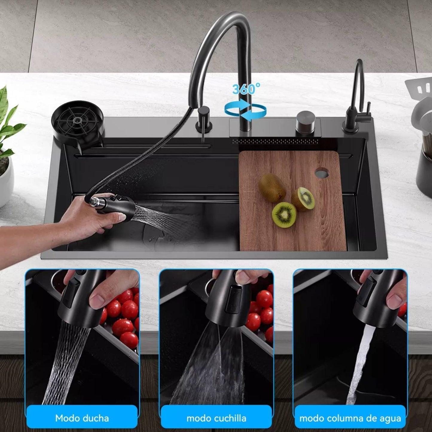 Keukenspoelbak – Spoelbak – Werkstation – Enkele Kom – Topmount – 80 x 45 cm – Roestvrij Staal – Mat Zwart – Multifunctioneel met 360° Mengkraan