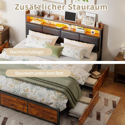 Tweepersoons Opbergbed – Bed Met Laden – Slaapbank – Opbergbed – Led Bed – 140x200 cm – PU Leer Hoofdbord – USB Oplaadpoorten