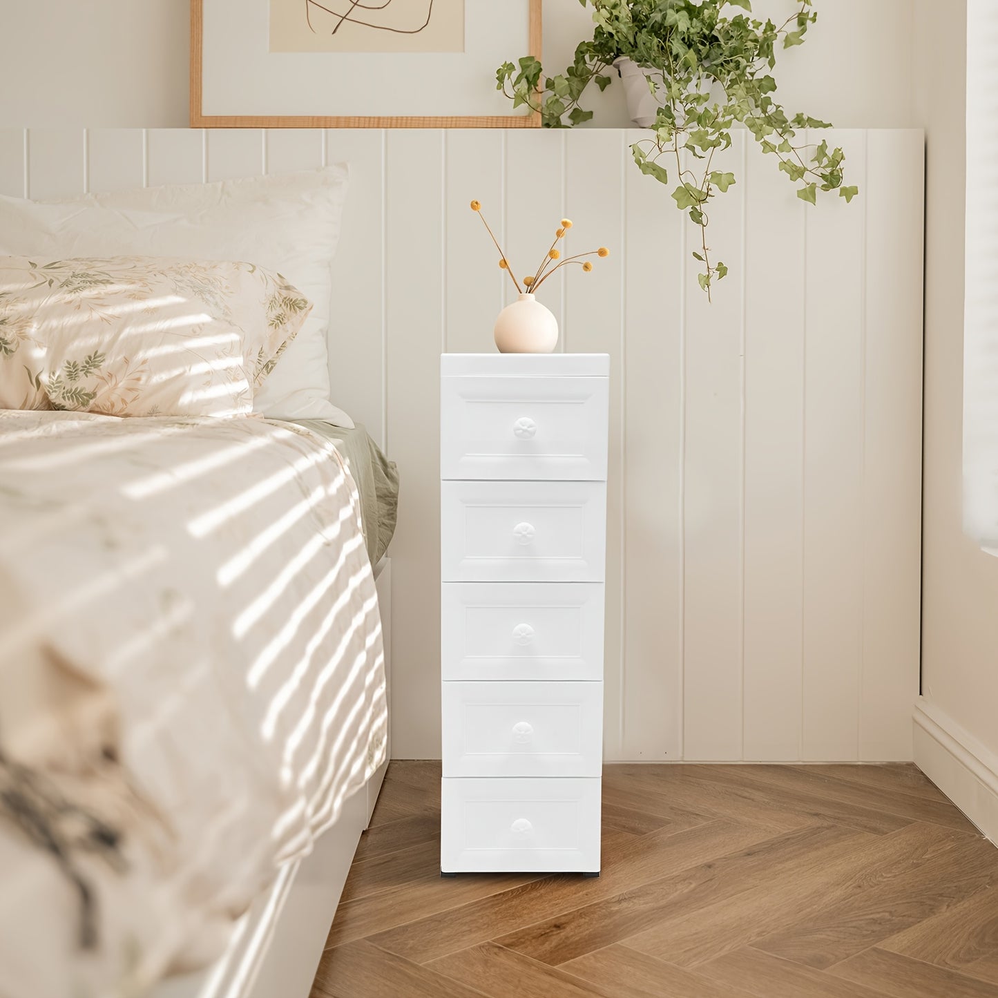 Ladenkast – Ladekast – Kommode – Opbergkast – Dressoir – Modern – 5 Lades – Wieltjes – Wit – Kunststof – Compact 25x34x82 cm
