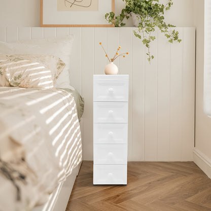 Ladenkast – Ladekast – Kommode – Opbergkast – Dressoir – Modern – 5 Lades – Wieltjes – Wit – Kunststof – Compact 25x34x82 cm