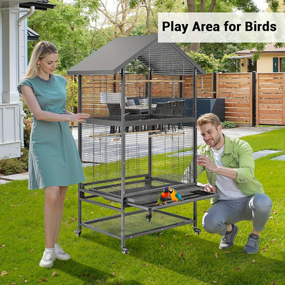 Vogelkooi – Volière – Vogelkooi Groot – Kooi Papegaaien – Vogelkooi Met Wielen – Heavy-Duty Smeedstaal – Extra Ruim Speeloppervlak 80x60 cm