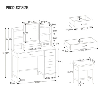 Make-uptafel – Kaptafel – Vanity – Sieradekast – Make-upmeubel – Wit Gouden – Verstelbare LED-verlichting – Groot HD-spiegeloppervlak