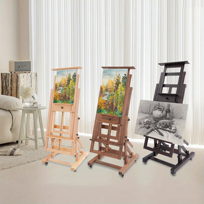 Verstelbare Kunstenaars Ezelschaal – Schildersezel – Atelier Ezelschaal – Houten Ezelschaal – Kunst Easel – Walnoot Kleur – Verstelbare Hoogte 140-300 cm – Stevige H-vormige Basis met Remwieltjes