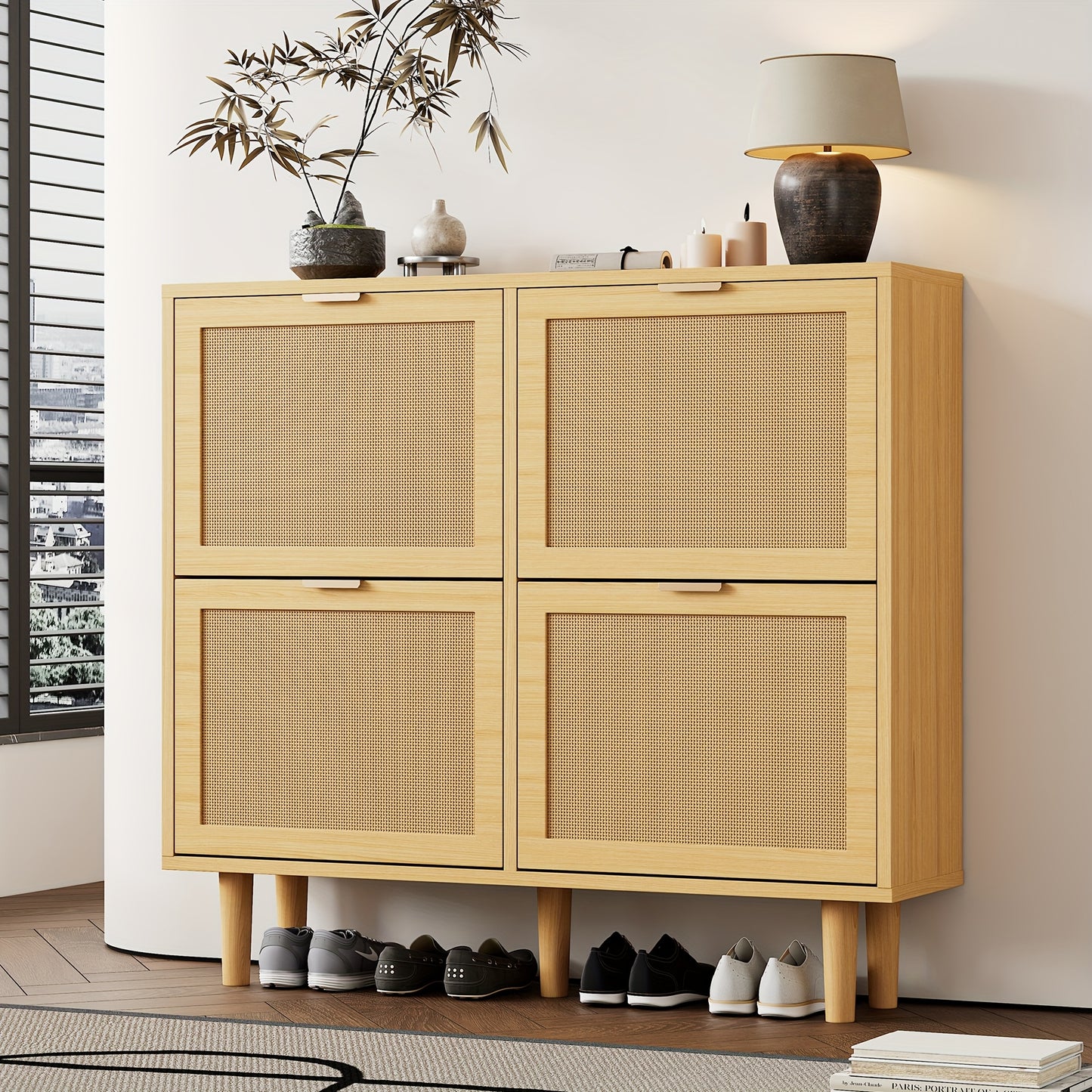 4-Drawer Shoe Cabinet with Folding Drawers - Modern Rattan Shoe with Metal Handles, Beige/Brown Wicker Shoe Rack Organizer with Top Door-Free Access Drawer for Hallway, Bedroom, Home - Space-Saving Shoe Cabinet (100x25x90cm)