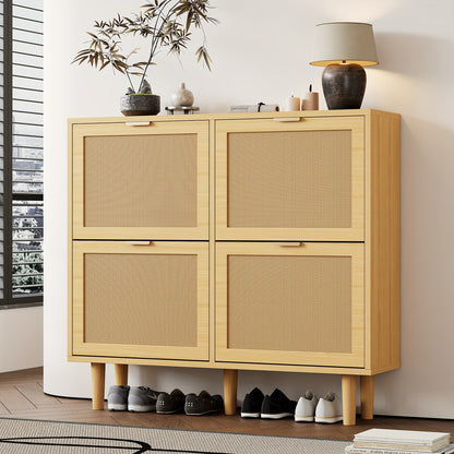 4-Drawer Shoe Cabinet with Folding Drawers - Modern Rattan Shoe with Metal Handles, Beige/Brown Wicker Shoe Rack Organizer with Top Door-Free Access Drawer for Hallway, Bedroom, Home - Space-Saving Shoe Cabinet (100x25x90cm)