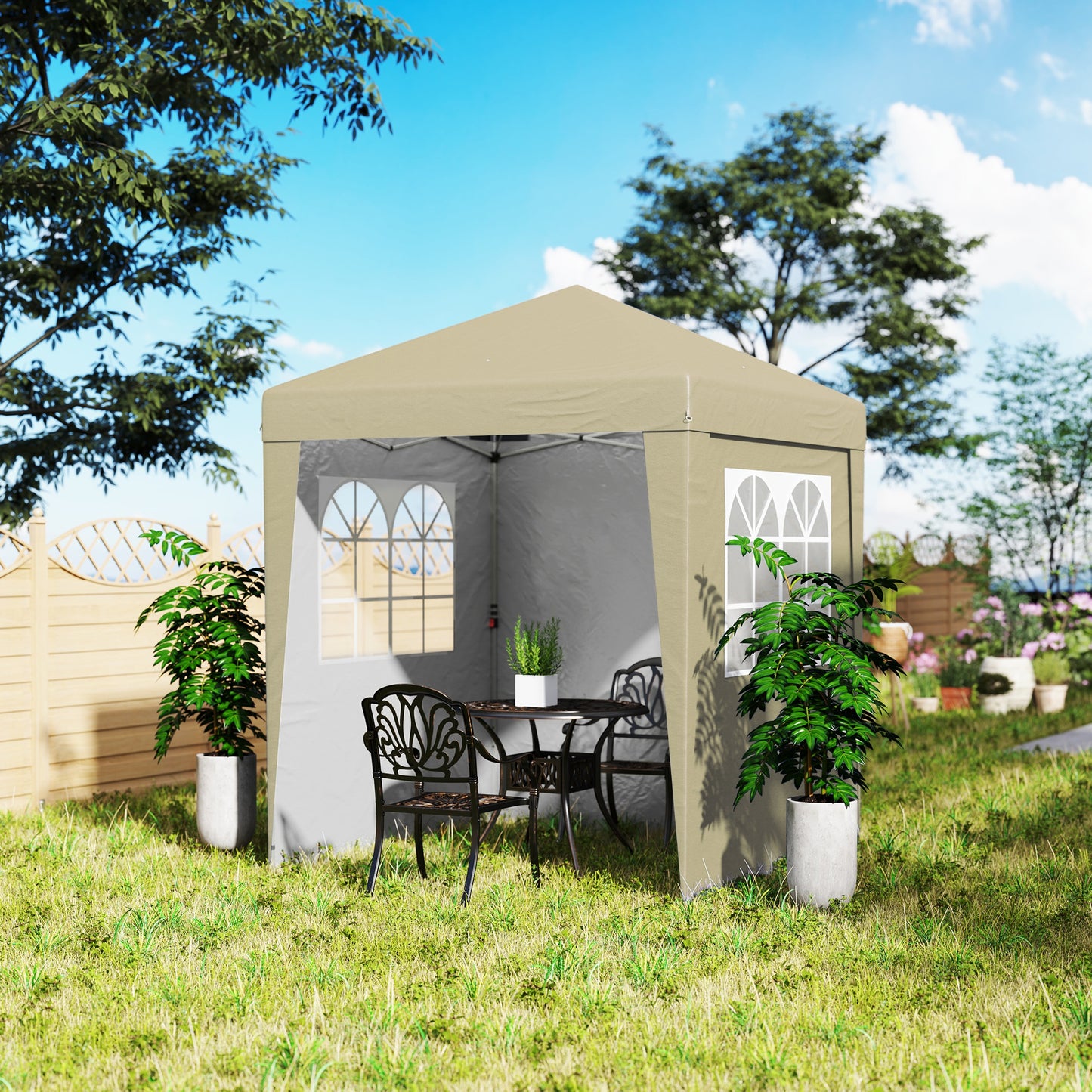 Partytent – Tuinpaviljoen – Feesttent – Overkapping – Pop-up Tent – Opvouwbaar – Verstelbare Hoogte – UV30+ Bescherming – Beige Oxford Stof – Compleet Met Zijwanden en Zandzakken