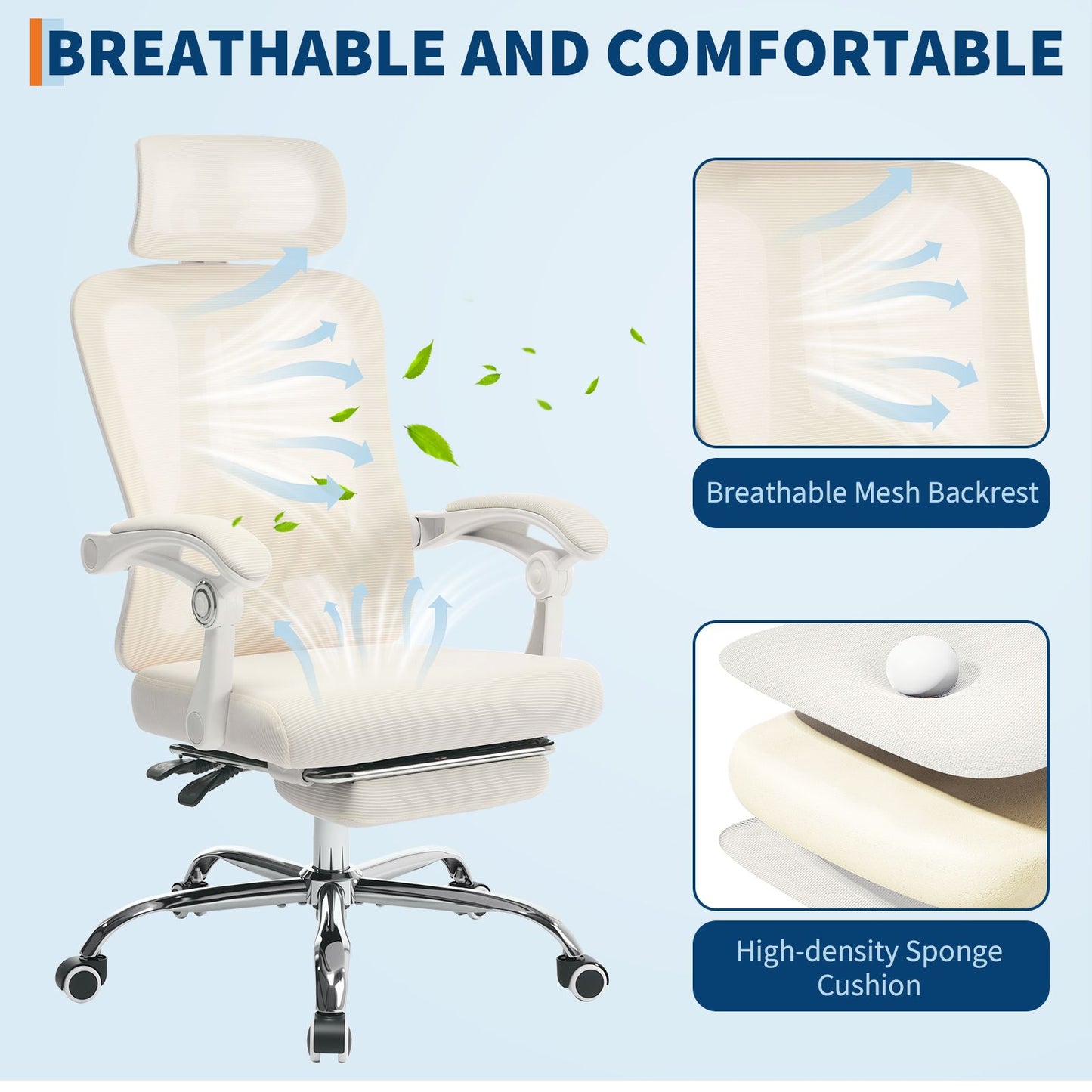 Ergonomische Bureaustoel – Kantoorstoel – Desk Chair – Werkstoel – Computestoel – Met Voetsteun – Verstelbare Lendensteun – 360° Draaibaar – Beige Mesh