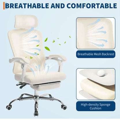 Ergonomische Bureaustoel – Kantoorstoel – Desk Chair – Werkstoel – Computestoel – Met Voetsteun – Verstelbare Lendensteun – 360° Draaibaar – Beige Mesh